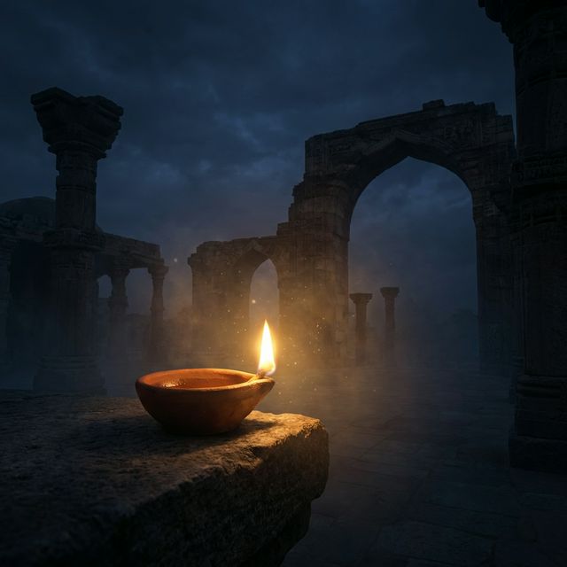 A single lit oil lamp burning bright in darkness with ancient temple ruins faintly visible — representing truth and education shining through historical darkness