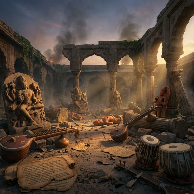 Scattered broken ancient Indian sculptures and torn manuscripts — representing the cultural devastation of art, music, and learning destroyed by Sikandar Lodi