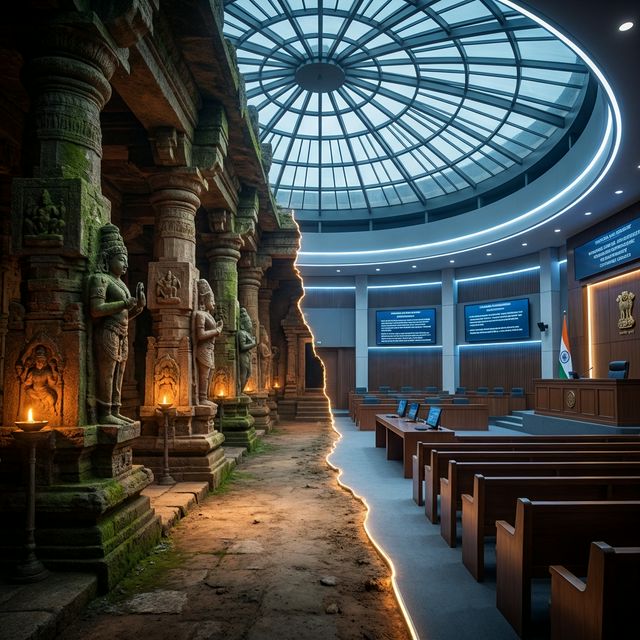 Ancient temple ruins transitioning into a modern building — representing the connection between medieval destruction and today's ongoing legal and cultural battles