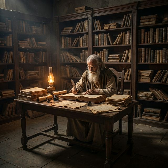 Ancient scholar writing manuscripts by candlelight — representing the historical chronicles that documented Sikandar Lodi's reign