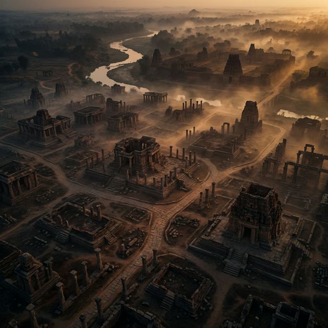 Aerial view of vast ancient Indian ruins stretching into the distance — representing the massive scale of temple destruction across northern India