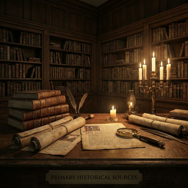 Ancient Persian and Sanskrit manuscripts, leather-bound chronicles, and scrolls by candlelight — representing the primary historical sources documenting Sikandar Lodi's atrocities