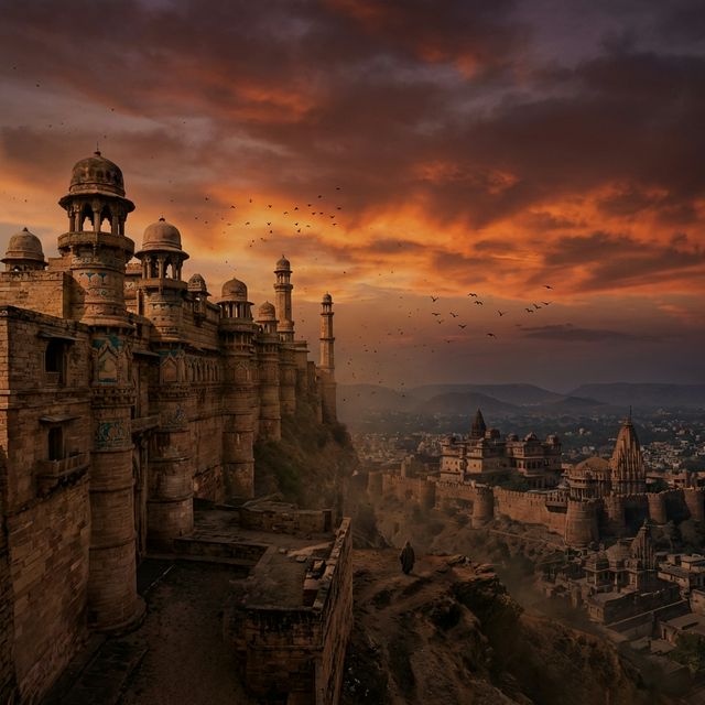 Medieval Indian fortress silhouetted against a dramatic sunset — representing the passage of time across Sikandar Lodi's 28-year reign