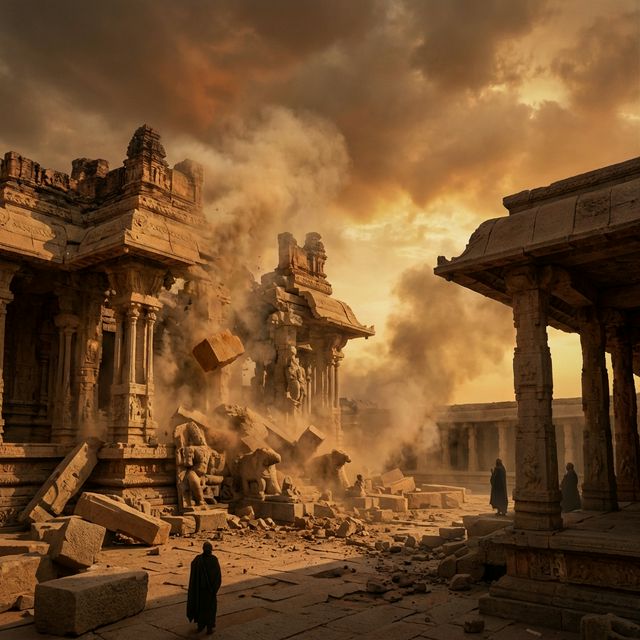 Artistic depiction of ancient Indian Hindu temple in ruins — crumbling stone pillars and carved walls, smoke and dust, dark atmospheric sky with amber tones, representing the destruction of sacred heritage during medieval India